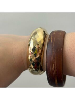 Set of 2 Bangles – Heavy Gold-Tone Cuff & Faux Wood Bangle